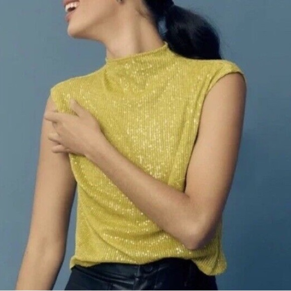 Anthropologie Sequin Mock Neck Cap Sleeve Shell Tank Top in chartreuse size XS